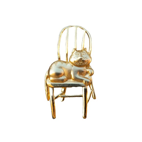 Jonette Jewelry "JJ" BROOCH Gold Cheshire Cat in Chair - Picture 1 of 14